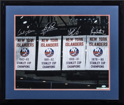 New York Islanders Hall of Famers Multi Signed Photo of Stanley Cup Banners With 4 Signatures In 26x22 Framed Display (Steiner)